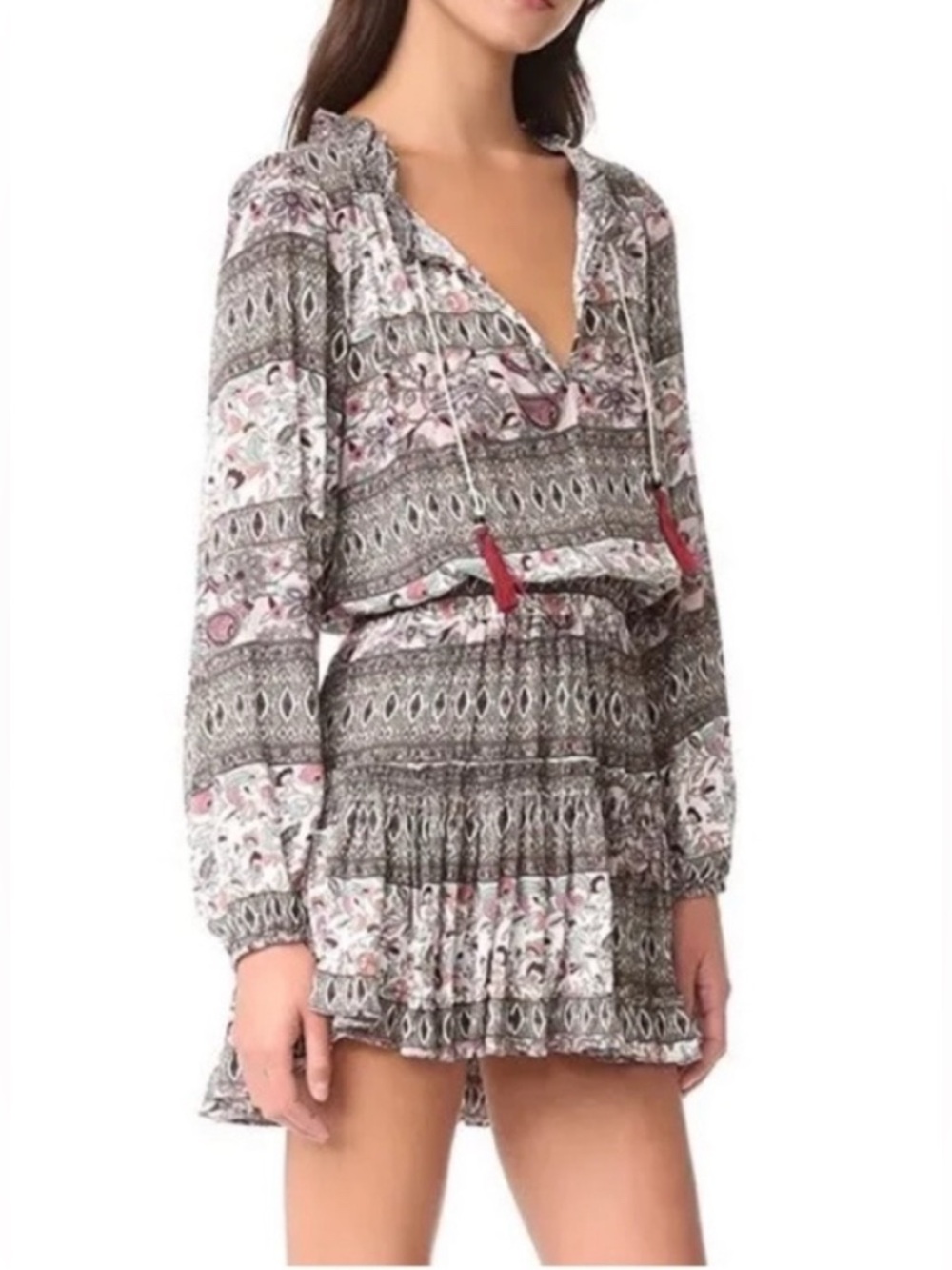 Misa Los Angeles Printed Long-Sleeve Mini Dress in Gray and Pink